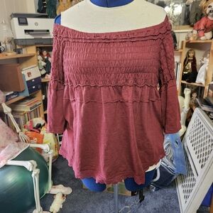 Maurices Off-the-Shoulder Smocked Tunic in Burgundy